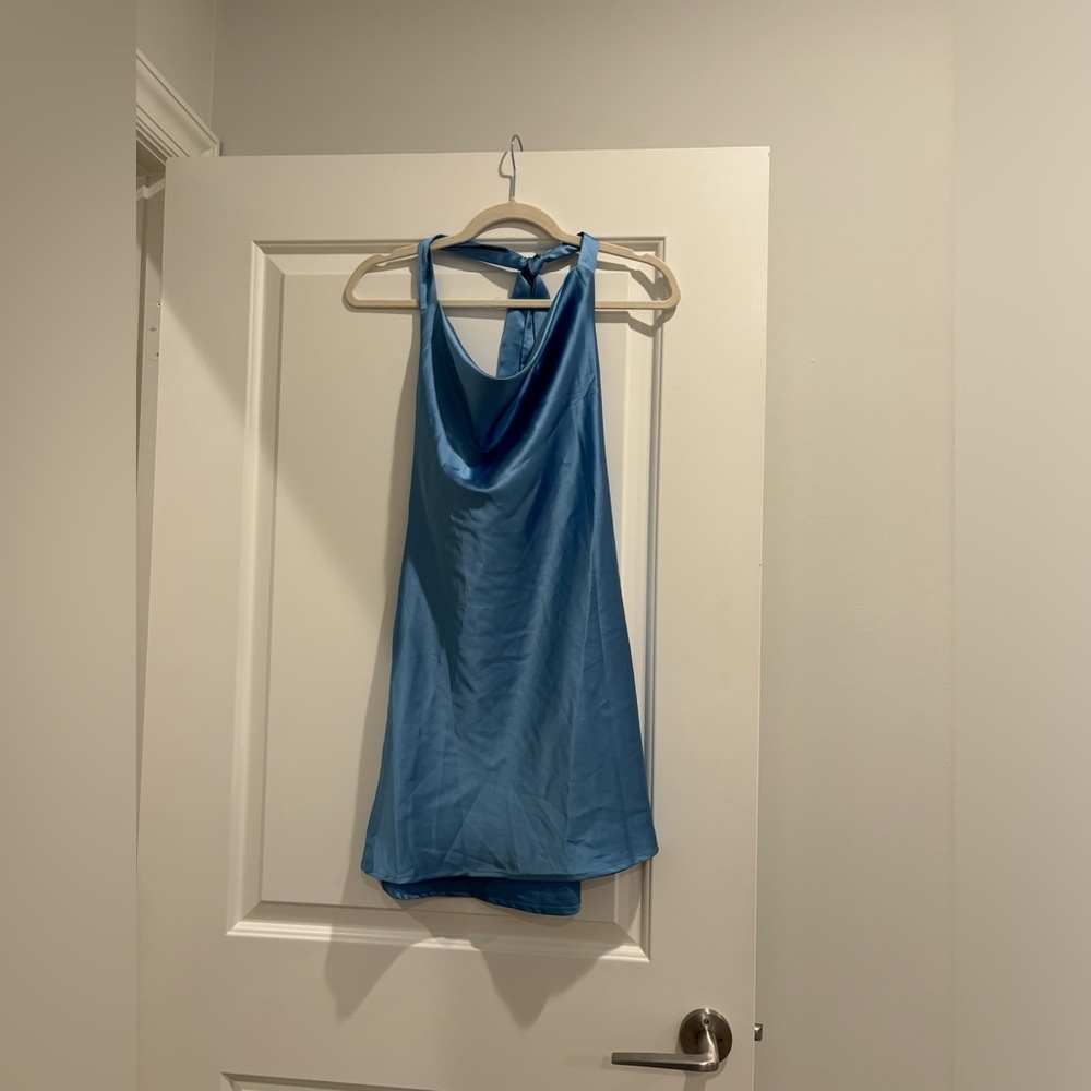 Canton Walker Satin Light Blue Mini Halter Dress